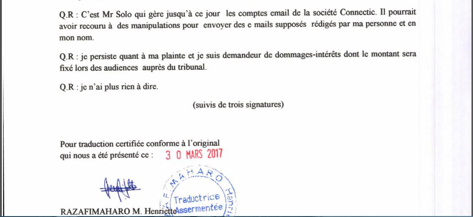 RANARISON Tsilavo accuse Solo d’avoir effectuer 76 virements internationaux sans contrepartie à son entreprise en France