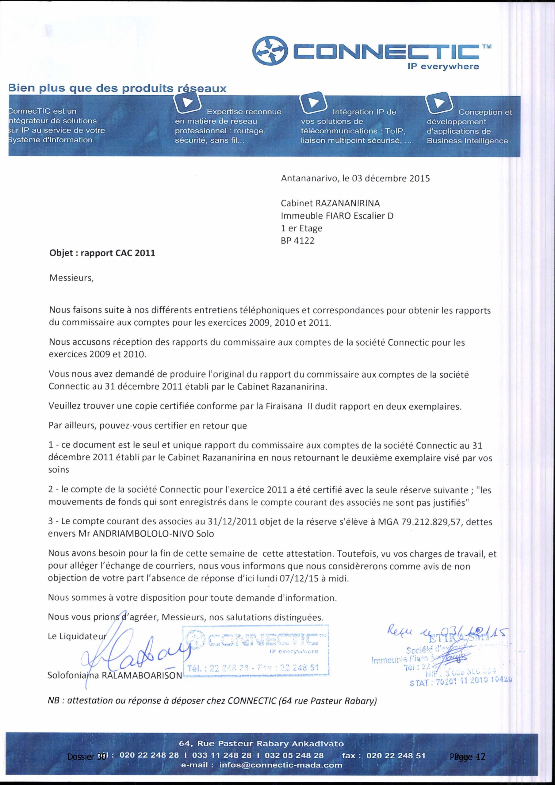 Rapport du Commissaire aux Comptes : Le Cabinet Razananirina Désavoue les Accusations de Ranarison Tsilavo