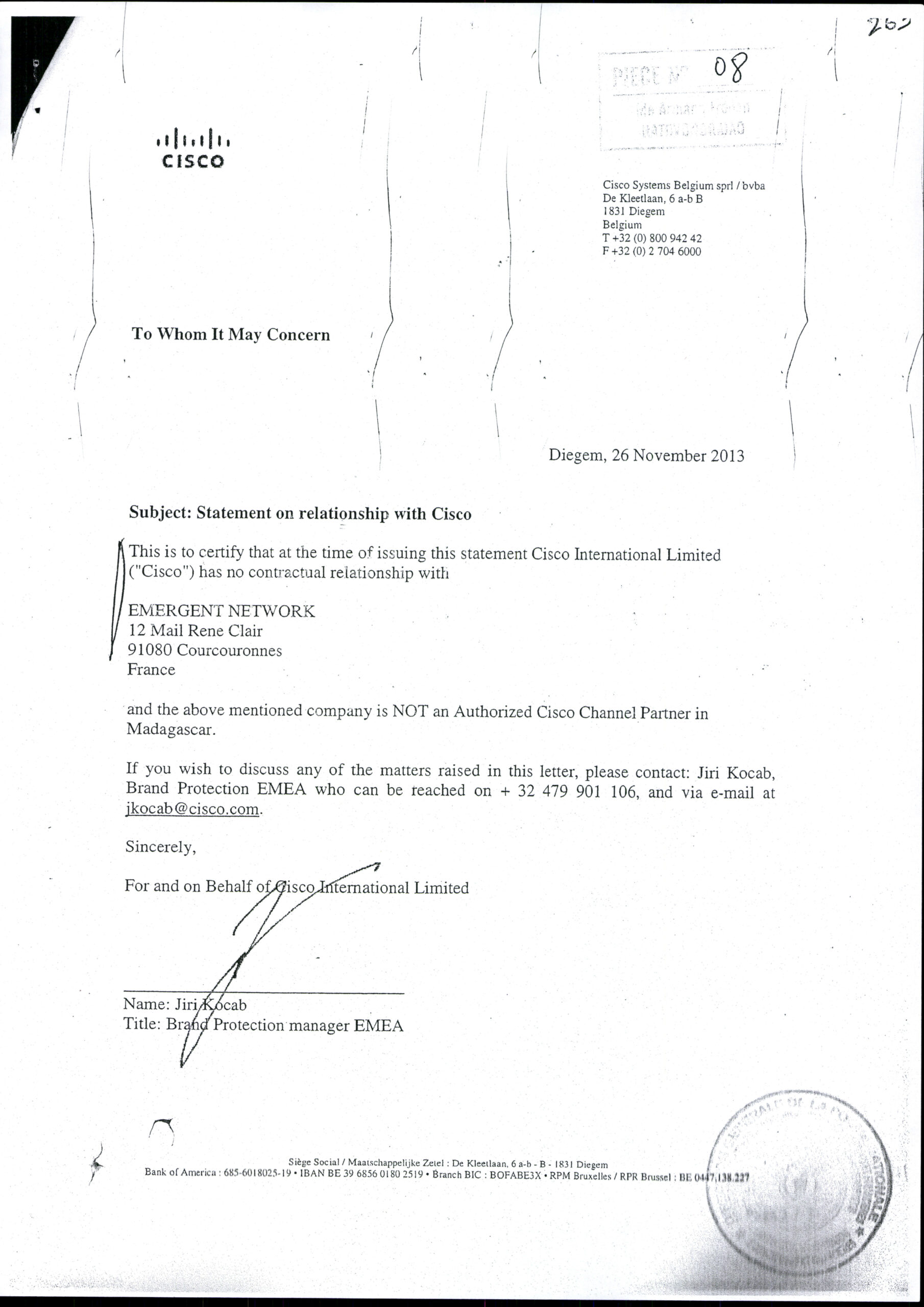 Lettre de Cisco et Email de Ranarison Tsilavo Nexthope : une contradiction flagrante dans l’affaire des 20 000 € d’IOS